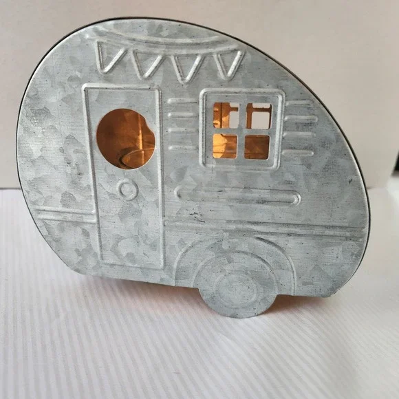 Galvanized Metal Camper LED Candle Decor‎ Cute Rustic Teardrop Trailer Decor