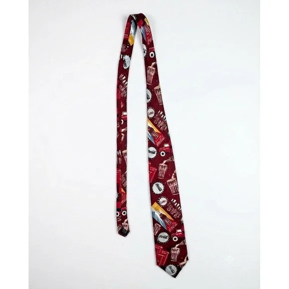 Vintage Coca-Cola Mens Necktie Burgundy Red Soda Bottle Logo Novelty Silk Like