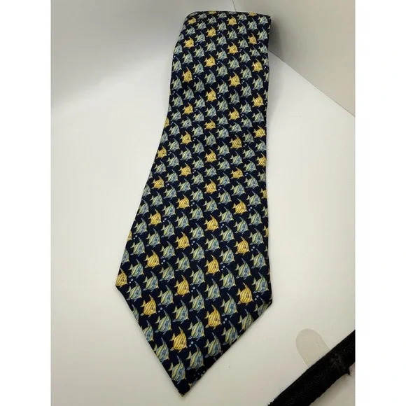 Vintage Lands End Fish‎ Tie Silk USA Navy Tropical Angelfish Extra Long 66