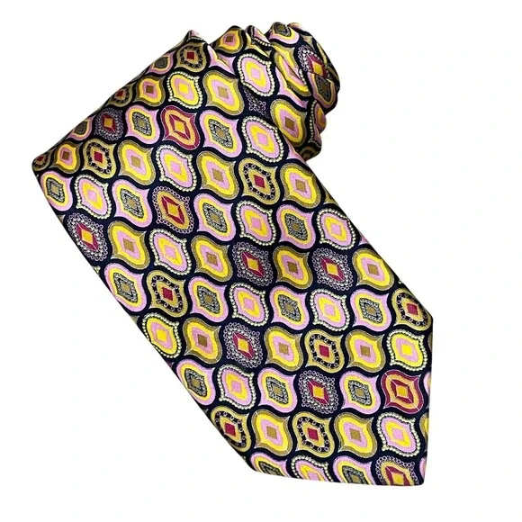 Italo Ferretti Black Yellow Pink Batik Print Silk Tie 3.5