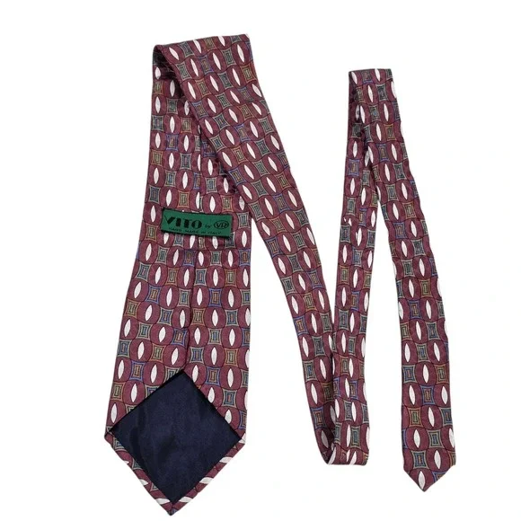VITO by VR Mens Silk Tie Burgundy Geometric Pattern Necktie Hand Made‎ in Italy