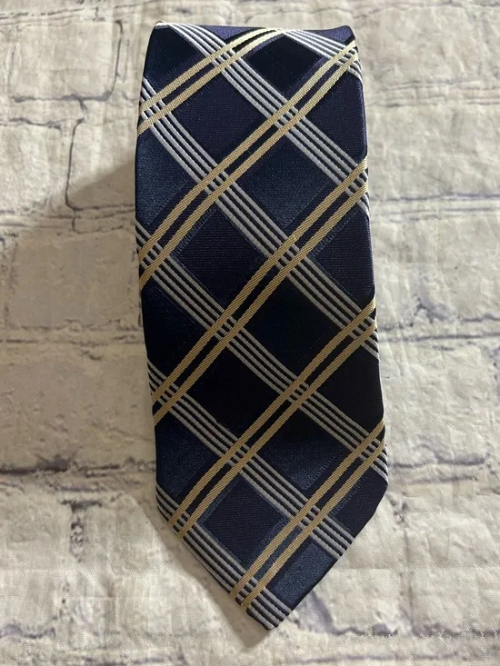 ADRIENNE VITTADINI NAVY BLUE,SILVER,GOLD PLAID PATTERN NECK TIE HAND MADE POLY