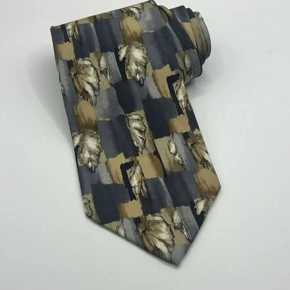Geoffrey Beene Silk‎ Tie Necktie Suit Grid Leaves Fall Grey Brown Tan