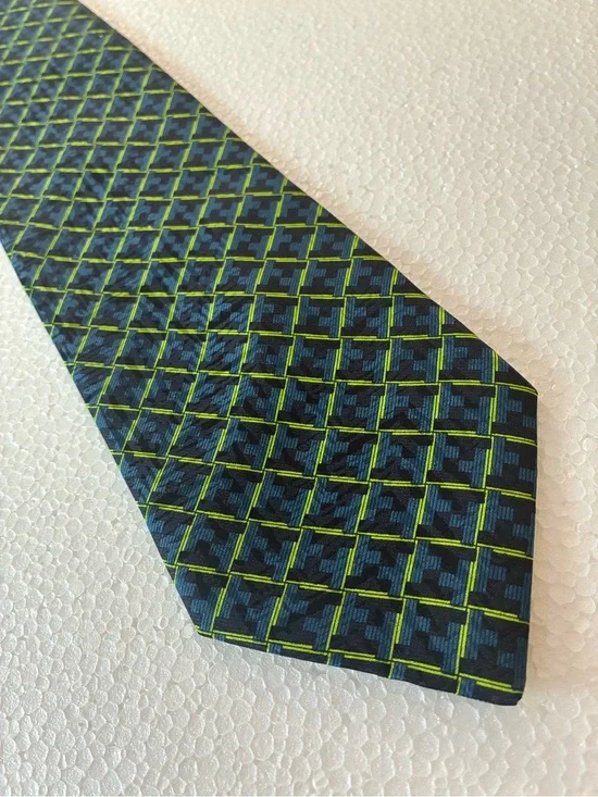 Conte di Milano 100% Silk Navy Tie with Bright Lime Geometric Grid