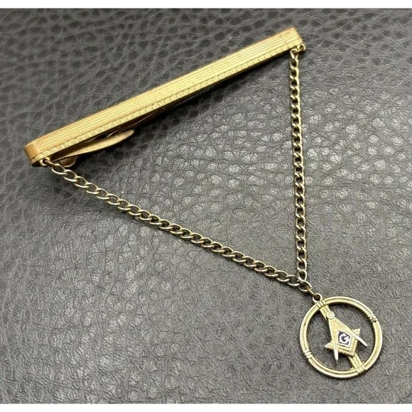 Vintage Hickok Masonic Enamel Tie Bar Clip with Chain Gold Tone