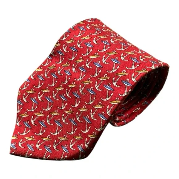 Salvatore Ferragamo Red Anchor AOP Pure Silk Men's Tie 3.5 Inch‎ Width NWT