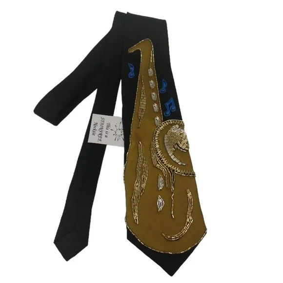 Black Silk Necktie with Gold Beaded Jazz Saxophone, Fun Music Tie, Orchestra NWT