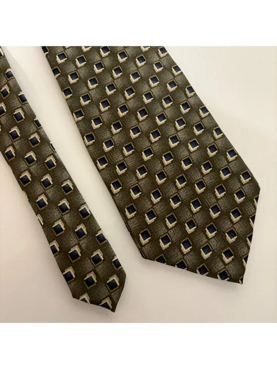 Pierre Cardin Silk Tie Green Blue Squares Mens Necktie USA Office Classic Gift