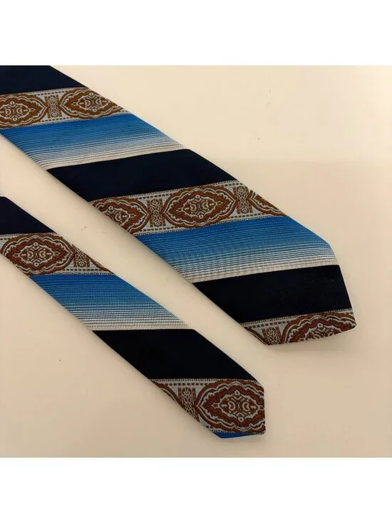 Vintage Polyester Tie Blue Rust Abstract Striped Mens Necktie Classic Office
