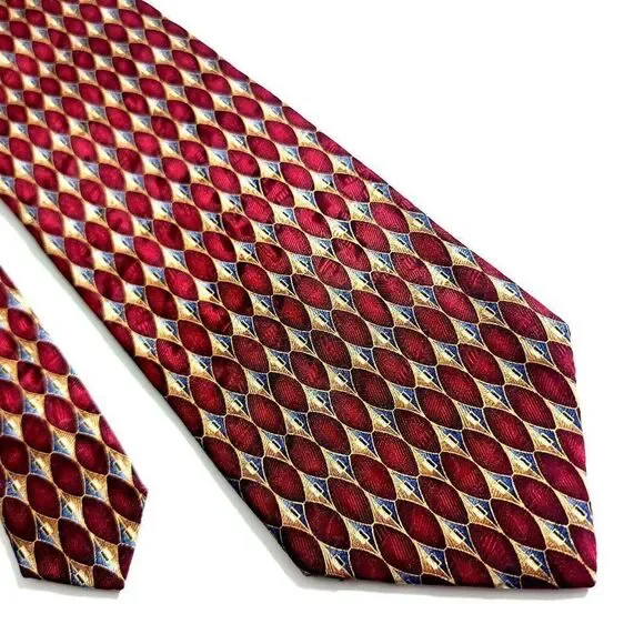 Jos A Bank Red Tan Gray Geometric‎ Jacquard Print Wide Silk Tie