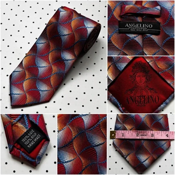 Handmade 100% Silk Necktie Red Orange Blue Geometric Wave Woven Pattern 4