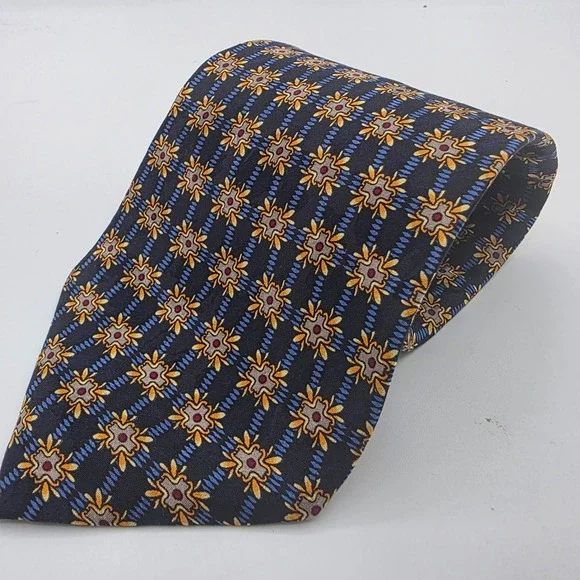 Modela Collection Mens 100 Silk Tie Navy‎ Blue Gold Floral Patterned Necktie