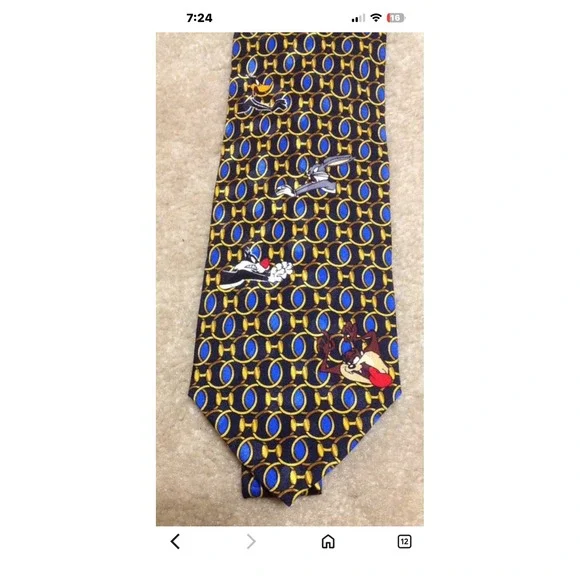 Vintage 1994 Looney Tunes Mania Tie Mens‎ Navy Blue Gold Bugs Bunny Taz Daffy