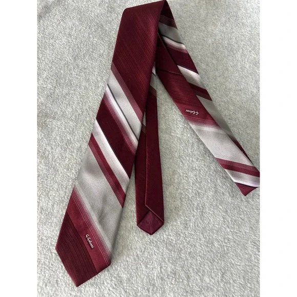 G Galvani Mens Silk Tie Burgundy Red Silver‎ White Striped Formal Necktie