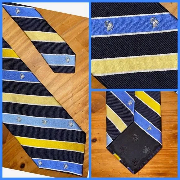 Brooks Brothers Neck Tie Men Logo Striped Yellow Navy Blue‎ Repp