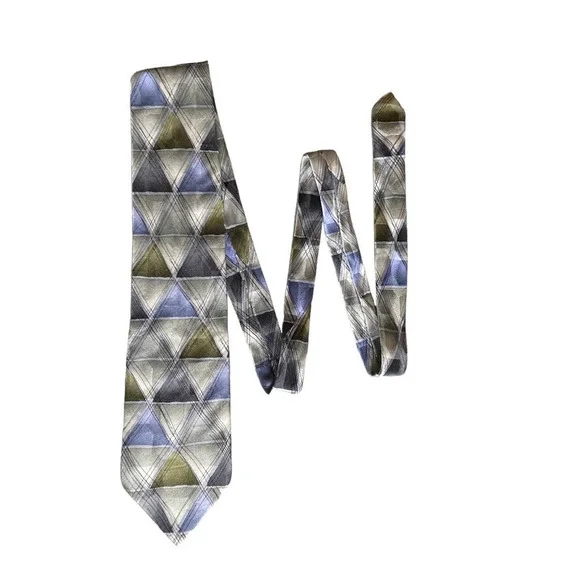 J. Garcia Men's Silk Necktie Aztec Objects Collection 28 Blue‎ Olive Silver 1996