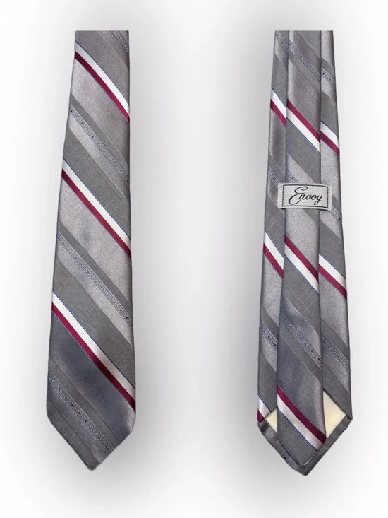 Vintage Gray Striped Men's Tie with Burgundy & White Accents