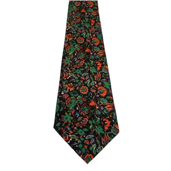 Vtg BOSS Silk Mens Tie Floral Black Green‎ 3.75” Necktie