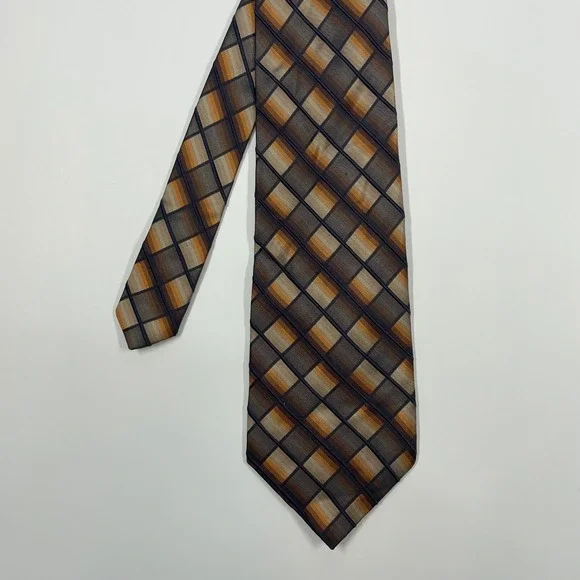 Z Inc Brown Geometric Plaid Silk Necktie Mens One Size