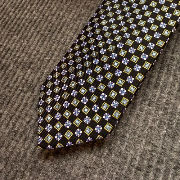 Jos. A. Bank Silk Tie Mens Black Blue Gold Geometric Floral Medallion Hand Sewn