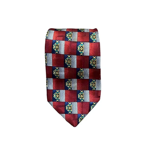 Robert Talbott Studio Mens Tie‎ Red Silver Blue Check Pattern 100% Silk 59
