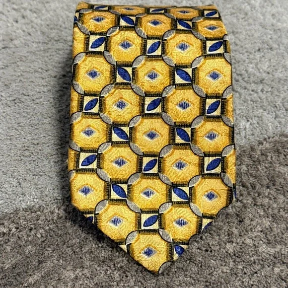 Robert Talbott Hassis Silk Tie Gold Blue Geometric Pattern Hand Sewn Made in USA