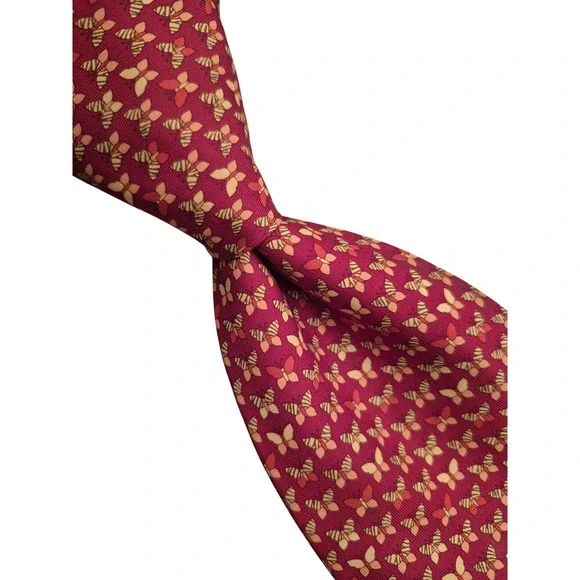 Salvatore Ferragamo Mens Silk Tie‎ Burgundy Red Butterfly Print Made in Italy