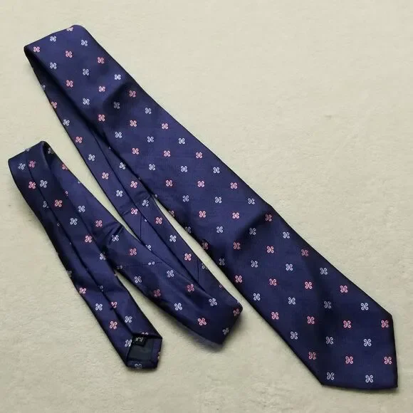 Joseph Turner Tie Necktie Pure Silk Navy Blue Pink Floral Heavy Preppy Office