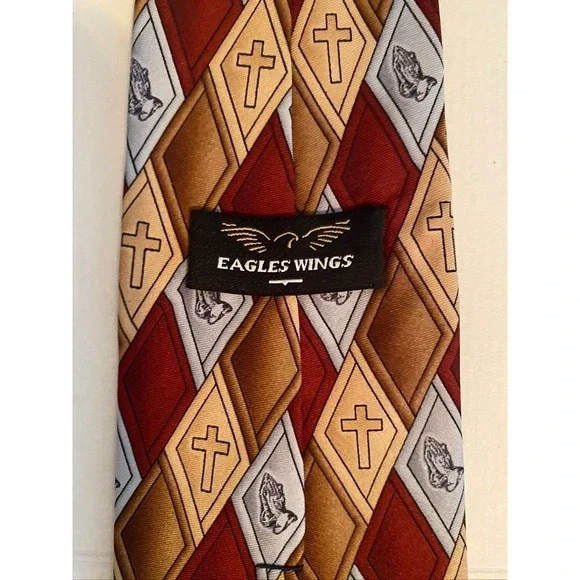Eagles Wings Mens Religious Tie Cross Praying Hands Argyle Diamond Burgundy Gold