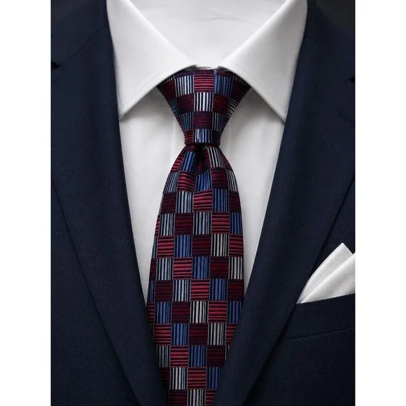Nordstrom Men's 100% Silk Tie Red Blue Silver Geometric Checkerboard Necktie