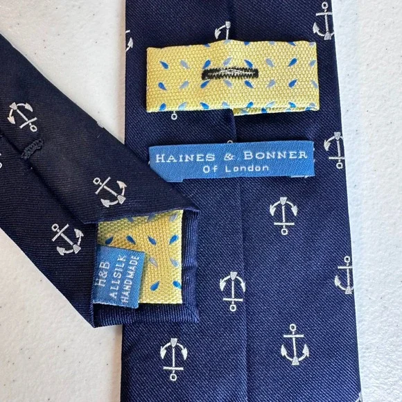 Haines & Bonner London Silk Tie Navy‎ Anchor Pattern Classic Necktie