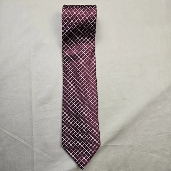 Michael Michael Kors Mens Silk Necktie Burgundy White Gold Grid Pattern‎ 57x3.25