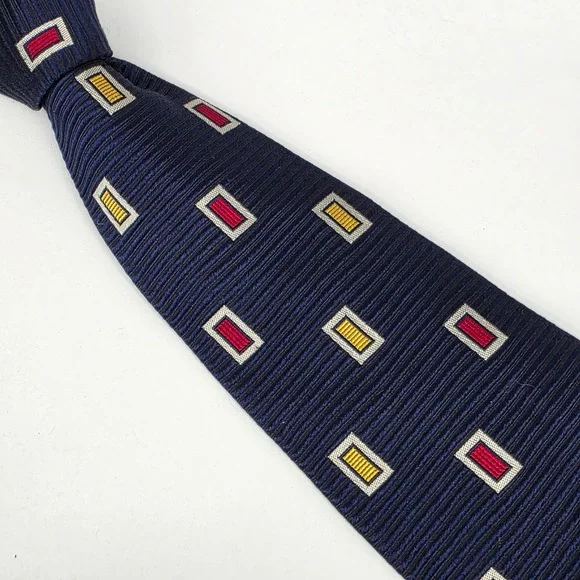 Paul Fredrick Geometric Silk Necktie Mens Navy Blue Red‎ Yellow Ribbed