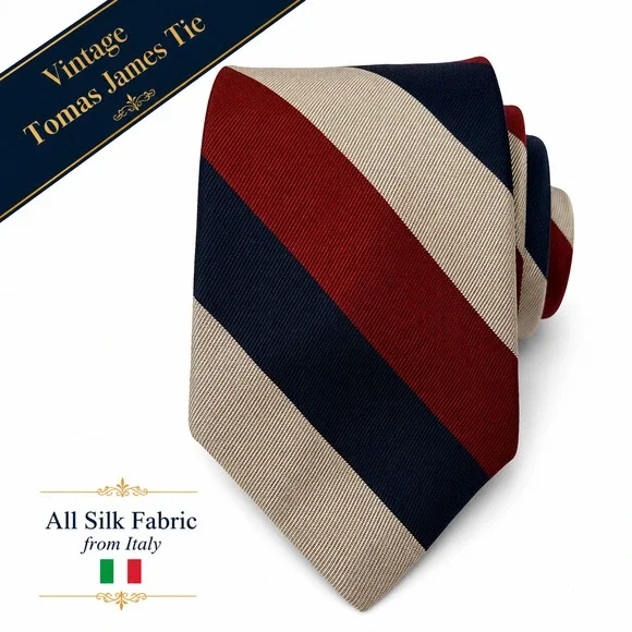 Vintage Tom James Silk Tie Regimental Stripe Red Blue Tan Italian Fabric USA