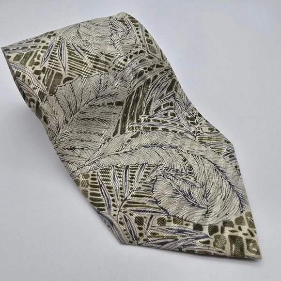Tommy Bahama Mens Silk‎ Tie Tropical Leaf Geometric Olive Green Tan Hand Made