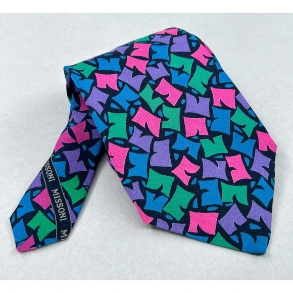 Vintage MISSONI Tie Necktie Silk Graffiti Monogram Purple Pink Colorful‎ Mens