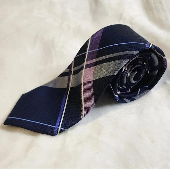 Michael Kors Navy and Purple Plaid Tie‎ 60