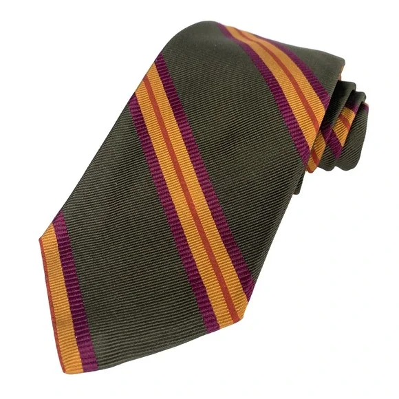 Paul Stuart Mens Tie Olive Gold & Maroon‎ striped REPP 100% Silk Neckwear