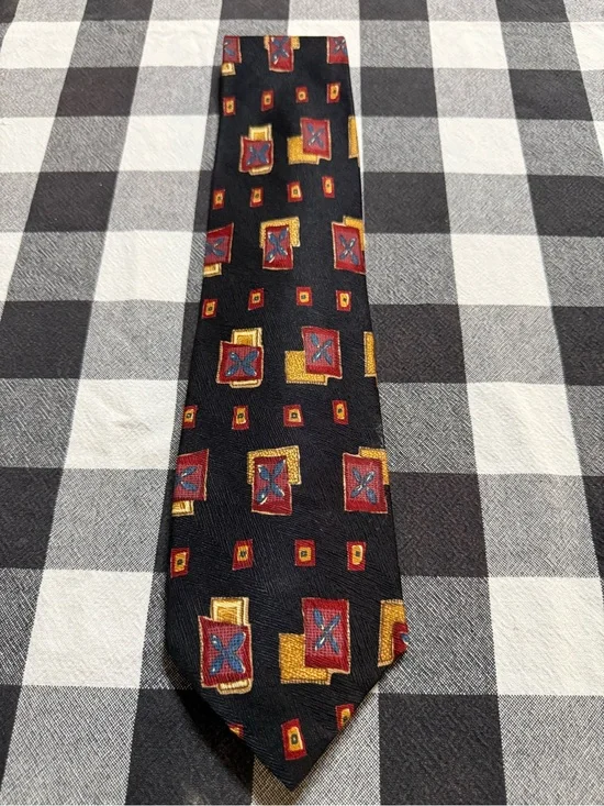 Black Tie with Red and Gold Geometric Motif