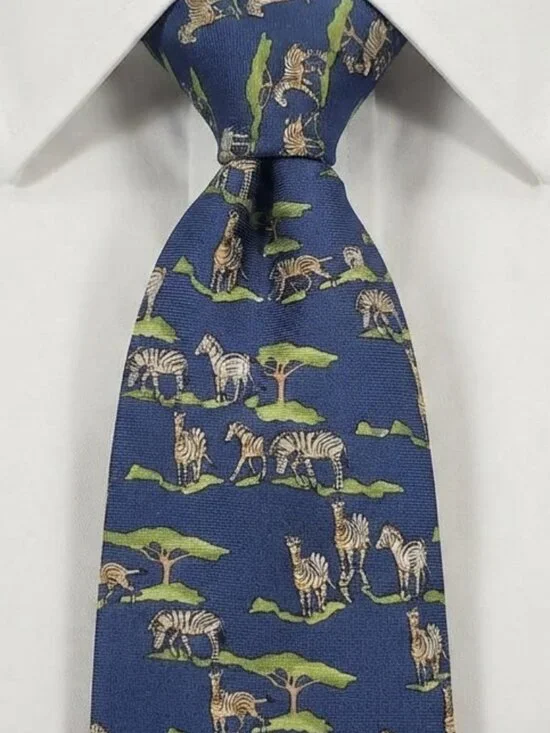Brooks Brothers 346 Men's Silk Blue Tie Novelty Zebra Print Savanna Scene 58