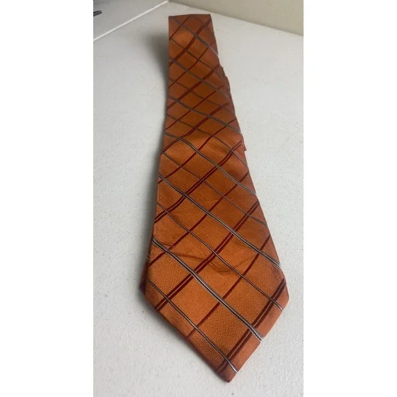 Jones New York Neck Tie Striped Orange Terra Cotta 100%‎ Silk Geometric