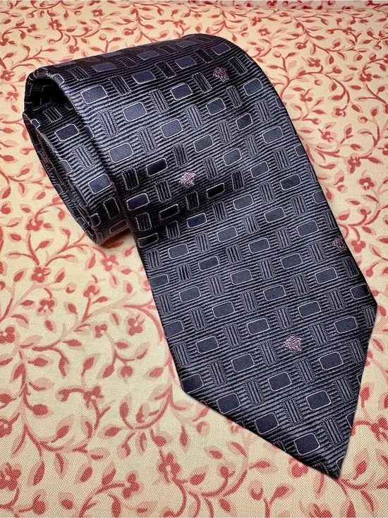 Versace Blue Geometric Jacquard Tie with Medusa Lavender Accents