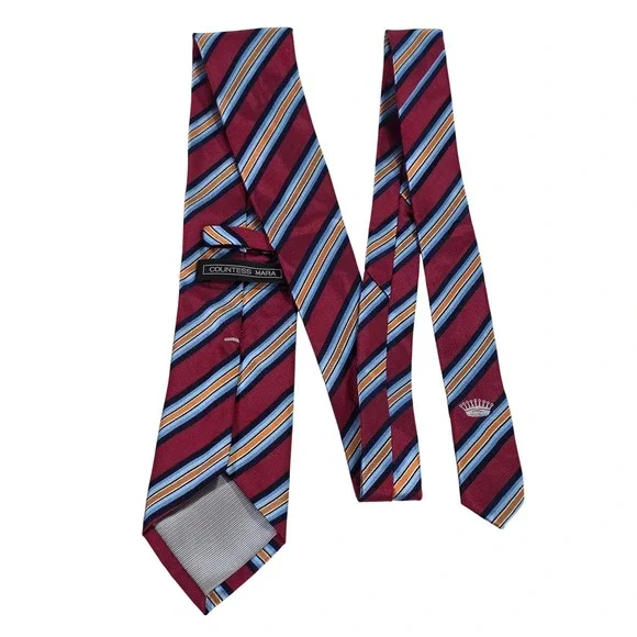 Countess Mara Mens Silk Necktie Burgundy Blue Orange Striped Handmade Crown Logo