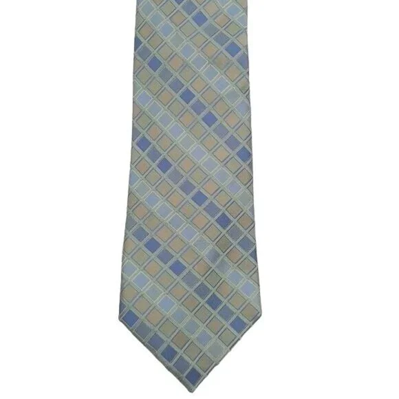 Perry Ellis Portfolio Mens 100% Silk Tie Blue Geometric Pattern Necktie