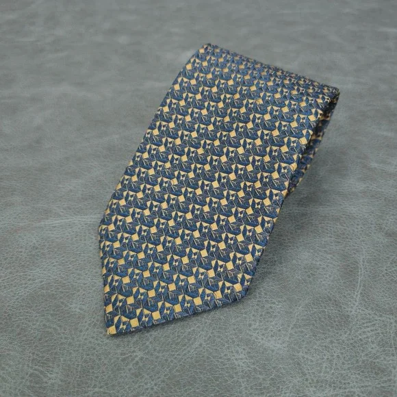Canali Tie Mens Pure Silk Blue Gold Geometric Woven Luxury Italy Necktie