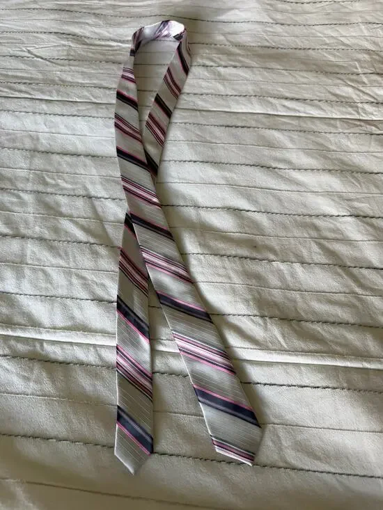 Striped Silk Tie With Gray Base and Vibrant Pink Magenta And Dark Stripes