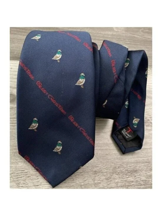 Robert Talbott Neck Tie Mallard Duck Merry Christmas Bow Novelty Blue Red 55