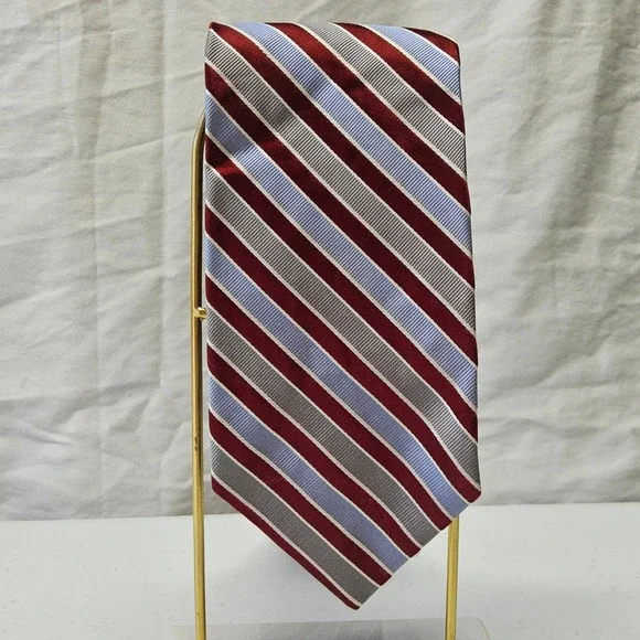 Tom James Executive Collection Tie‎ Mens OS Burgundy Red Blue Silver Silk Stripe