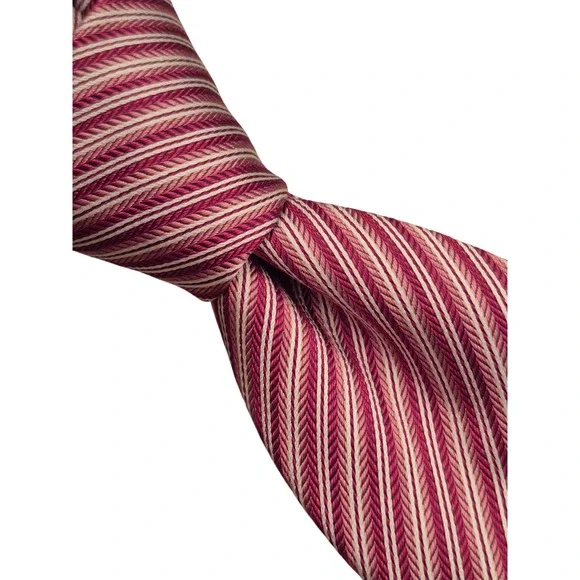 Hugo Boss Mens Silk Tie Burgundy Pink Red White Diagonal Stripe Made in Italy