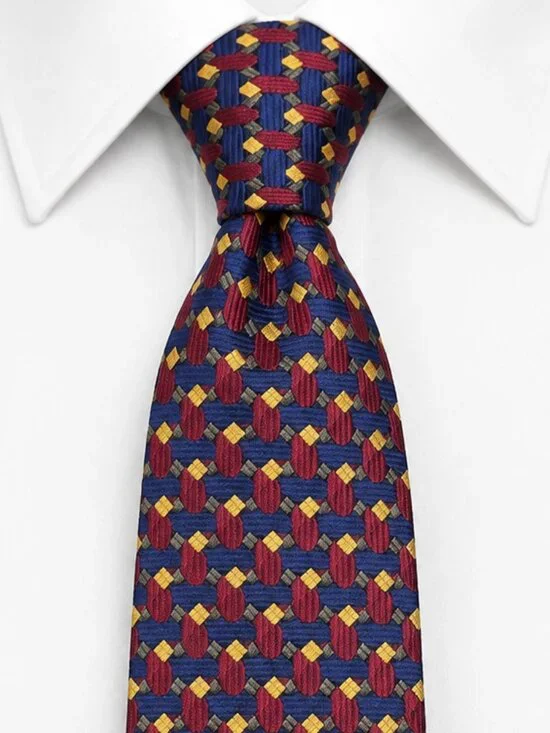 LANDS' END Men's Blue Red Silk Geometric Necktie Handsewn 3.75x58 Preppy Classic